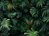 A lush tropical jungle background with various green palm leaves and monstera plants, creating an exotic and textured pattern on a black backdrop. 