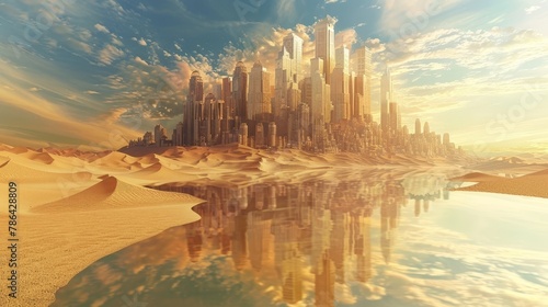 Desert mirage revealing an oasis city, sandstone illusions, hidden paradise