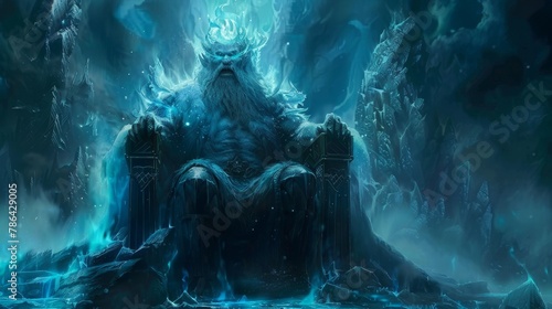 Ice elemental king in a blizzard throne room, winters might, frozen royalty