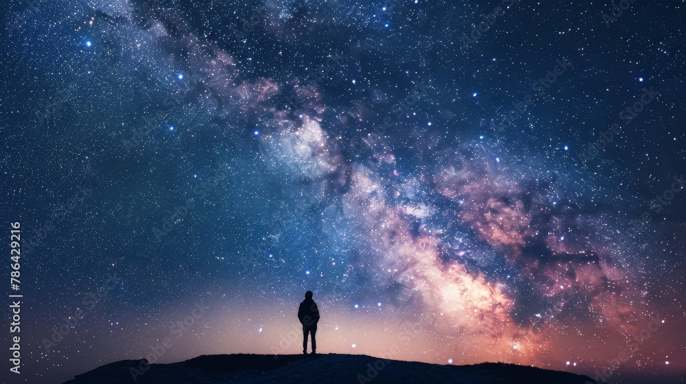 Night sky observer in a remote dark sky park, the Milky Way in full glory, cosmic awe