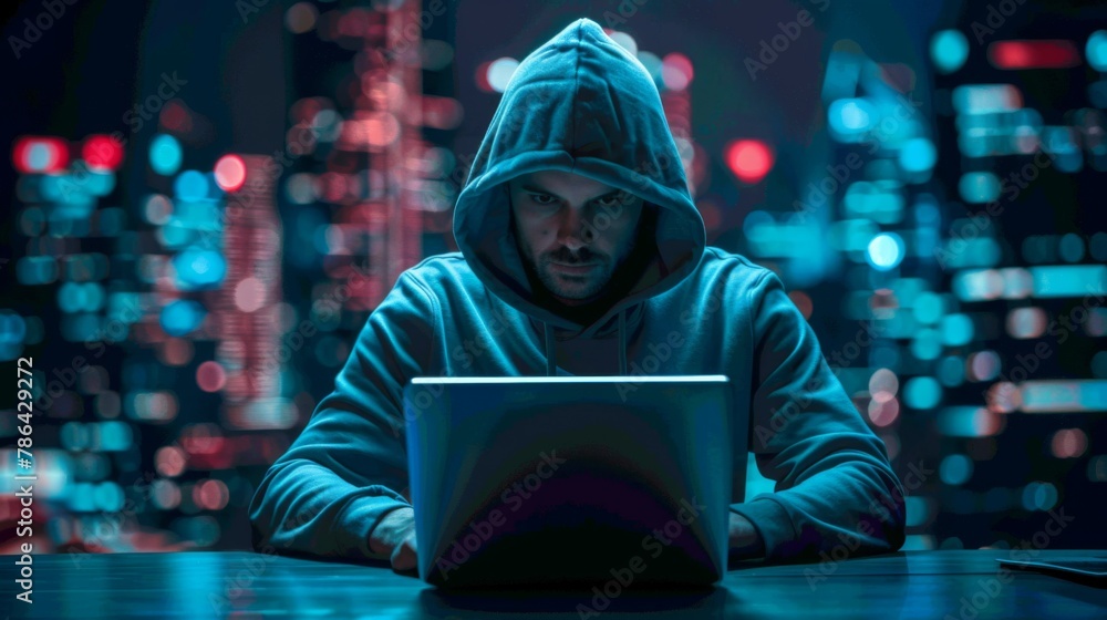 Hooded Hacker Typing on Laptop in Dark Room Hooded Hacker Typing on Laptop in Dark Room