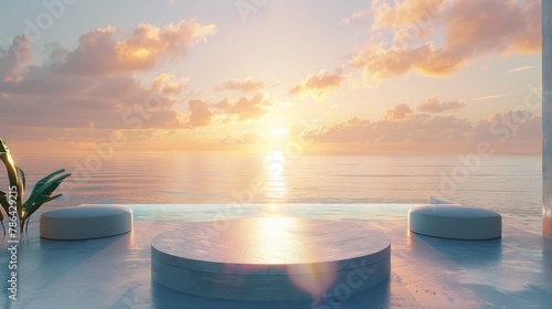 Oceanfront glass podium with a sunrise horizon, perfect for serene wellness product placement photo