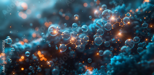 An artful pattern of electric blue bubbles floats in the darkness  resembling a macro photography of a coral reef. The circles create a mesmerizing scienceinspired event