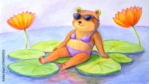 sunbathing pig,pig, sunglasses, bikini, water color, lotus leaves © MCT_Imaginary
