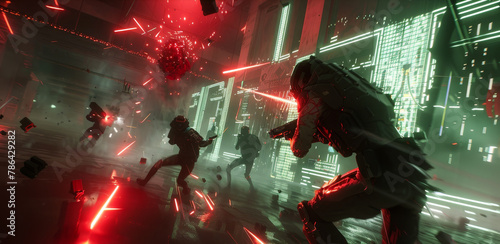 Rogue AI entity breaching through firewalls, virtual reality chaos, neon uprising