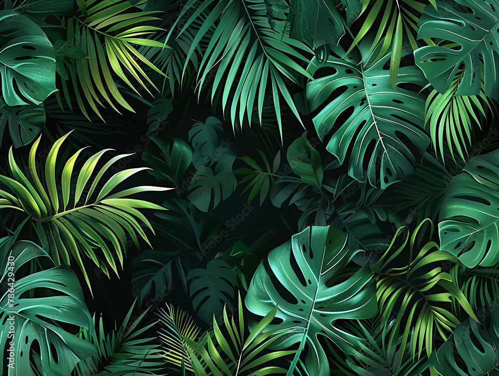A lush tropical jungle background with various green palm leaves and monstera plants, creating an exotic and textured pattern on a black backdrop. A lush tropical jungle background with various green palm leaves and monstera plants, creating an exotic and textured pattern on a black backdrop.