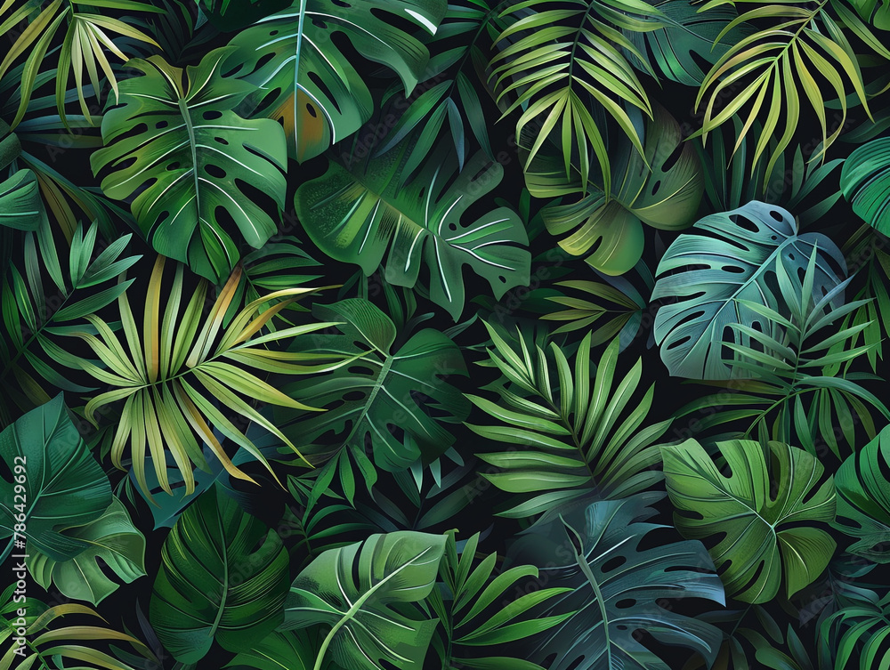 A lush tropical jungle background with various green palm leaves and monstera plants, creating an exotic and textured pattern on a black backdrop. 