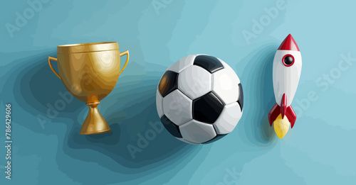 a soccer ball, a trophy and a rocket on a blue background