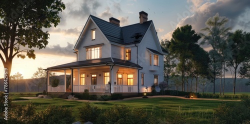 Exterior Modern Farmhouse at the evening. © grigoryepremyan