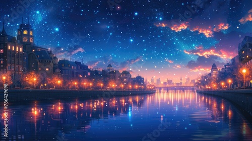 Riverside Tranquility: Anime Inspired City Lights © Andrii 