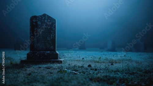 A lonely gravestone in a quiet nighttime cemetery.