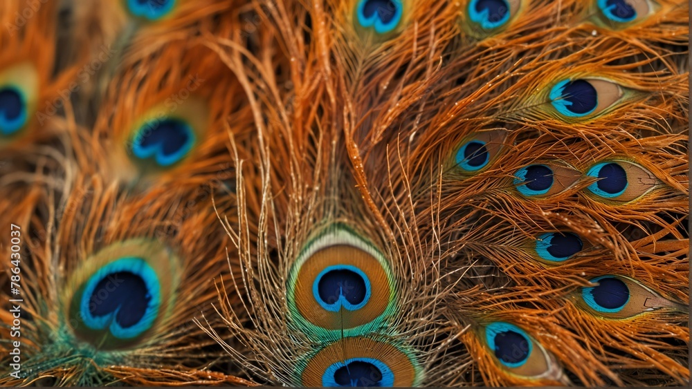 Fototapeta premium orange feathers of peacock close-up from Generative AI