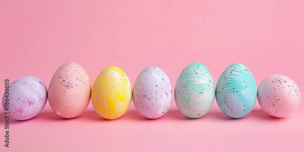 Colorful Easter Eggs Lined up on Pastel Pink Background