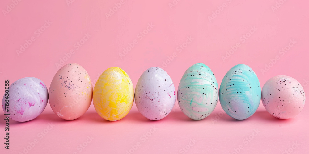 Fototapeta premium Colorful Easter Eggs Lined up on Pastel Pink Background