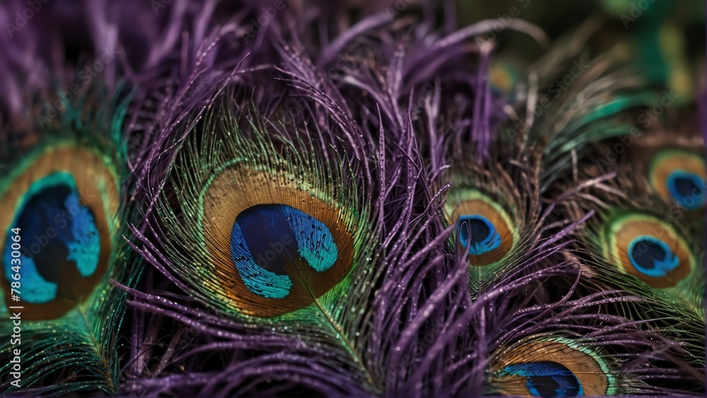Fototapeta premium purple feathers of peacock close-up from Generative AI