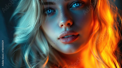 A beautiful blonde woman with blue eyes and long hair  illuminated by orange light.