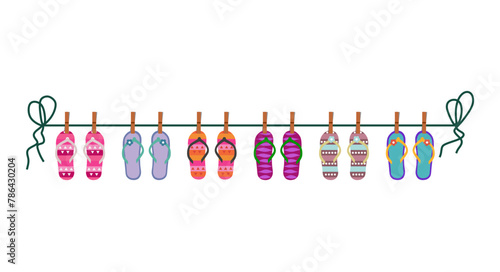 flip flops hang on the rope attached with clothespins vector illustration