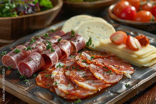 Traditional Spanish appetizer Entremeses, cold cuts of various sausages, jamon and cheese slices served with Russian salad