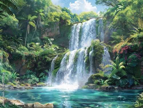 A majestic waterfall cascading down moss-covered cliffs into a crystal-clear pool below  surrounded by lush  verdant jungle tropical paradise The vibrant colors of the jungle are brought to life