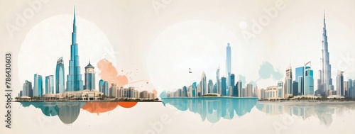 Double exposure minimalist artwork collage illustration featuring the Burj Khalifa and the Dubai cityscape.