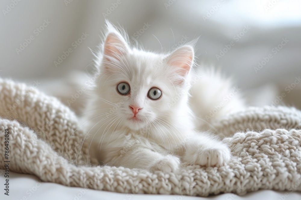 A small white kitten is laying down comfortably on top of a soft blanket.