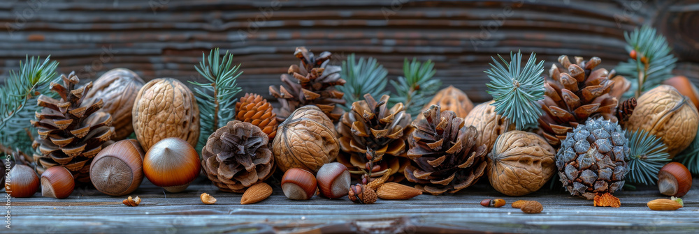 Rustic Autumn Thanksgiving Background with Pine Cones and Nuts