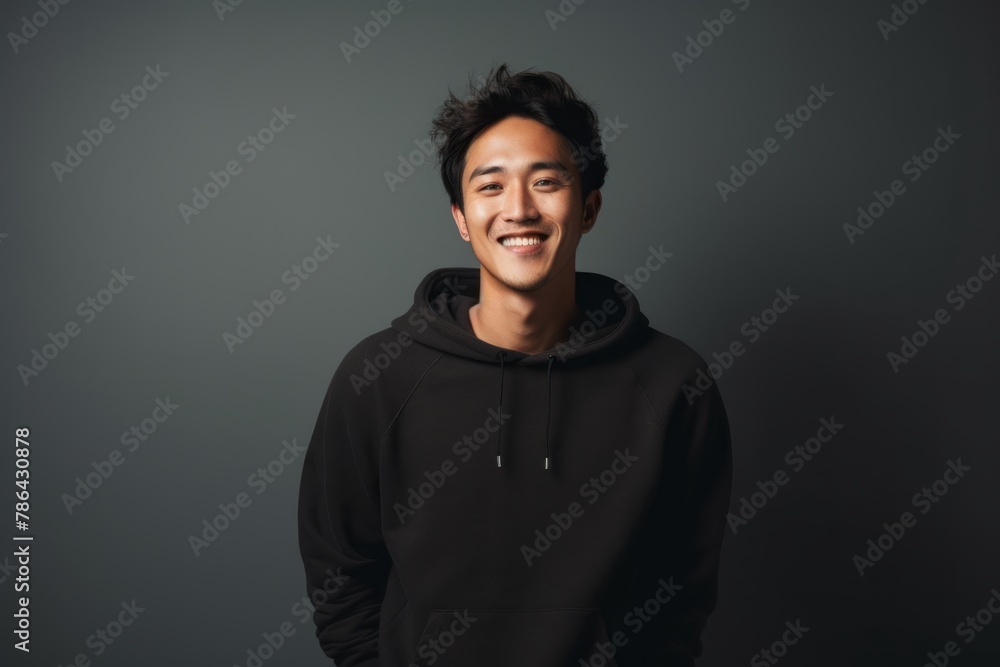 Obraz premium Portrait of a happy asian man in his 20s dressed in a comfy fleece pullover isolated on modern minimalist interior