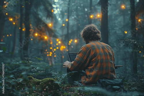 A man sits among the trees in a lush forest, typing on a laptop. Surrounded by the natural landscape and darkness of the woodland, he finds inspiration in the art of technology