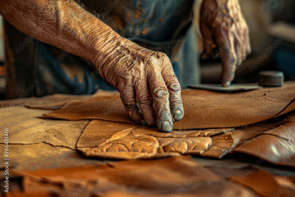 Artisan's Aged Hands Crafting Leather Masterpiece Artisan's Aged Hands Crafting Leather Masterpiece