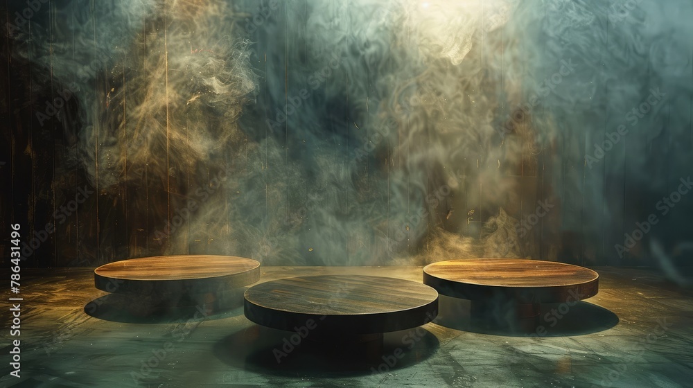 Concept of three round wooden tables in a room surrounded by smoke.