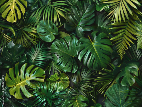 A lush tropical jungle background with various green palm leaves and monstera plants  creating an exotic and textured pattern on a black backdrop. 
