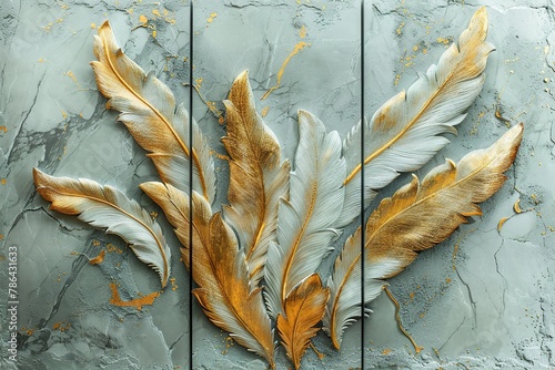 3 panel wall art, marble background with golden and silver feather designs