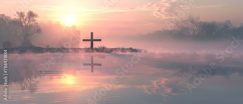 On this calm Easter Morning illustration, the Sunrise Cross on a misty lake casts a long shadow and reflection on the water