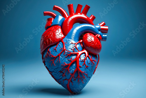 3D model of an anatomical heart, very detailed, contrasting colors - red and blue. photo