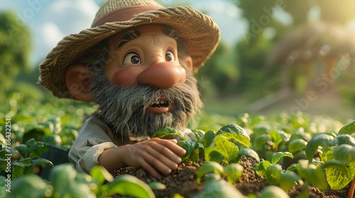 3D cartoon bearded farmer tending to crops, lush green farm landscape background photo