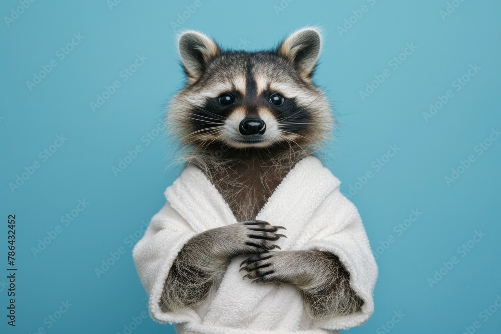 Raccoon in a white robe against a light blue background, looking relaxed. Raccoon in a white robe against a light blue background, looking relaxed.