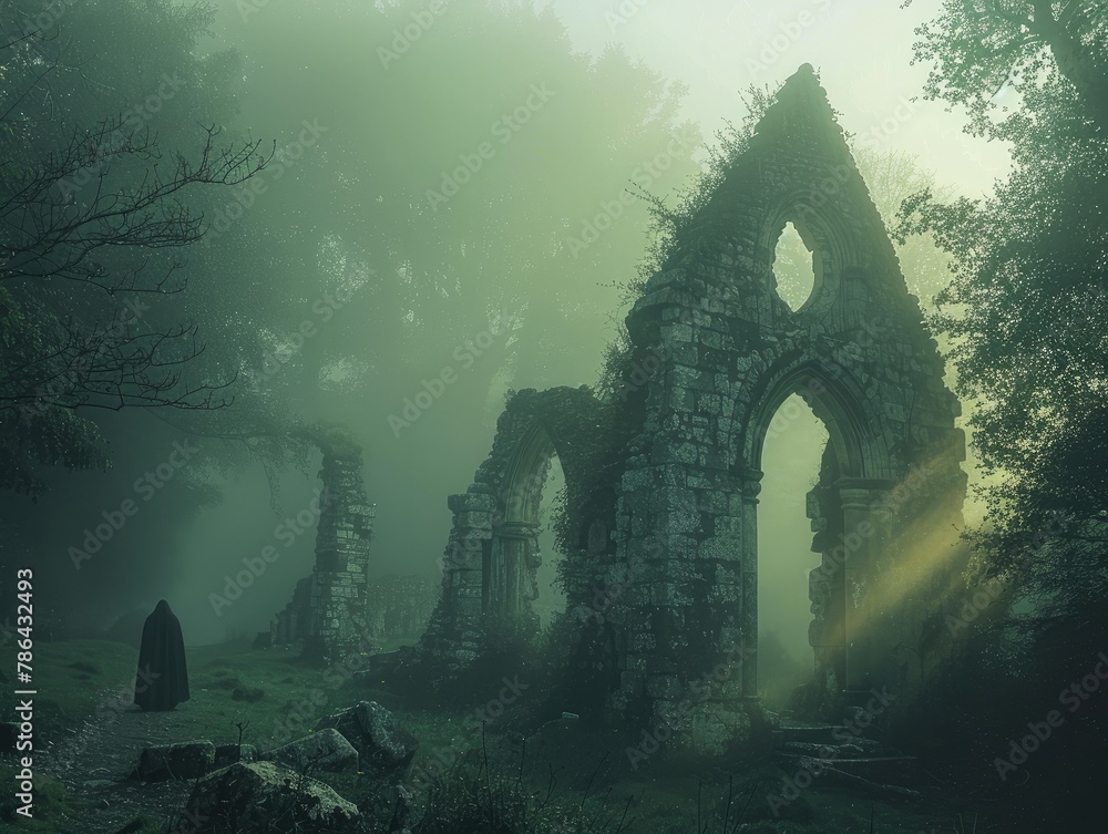 ภาพประกอบสต็อก A mystical forest shrouded in fog, with ancient ruins ...