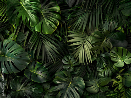 A lush tropical jungle background with various green palm leaves and monstera plants, creating an exotic and textured pattern on a black backdrop. 