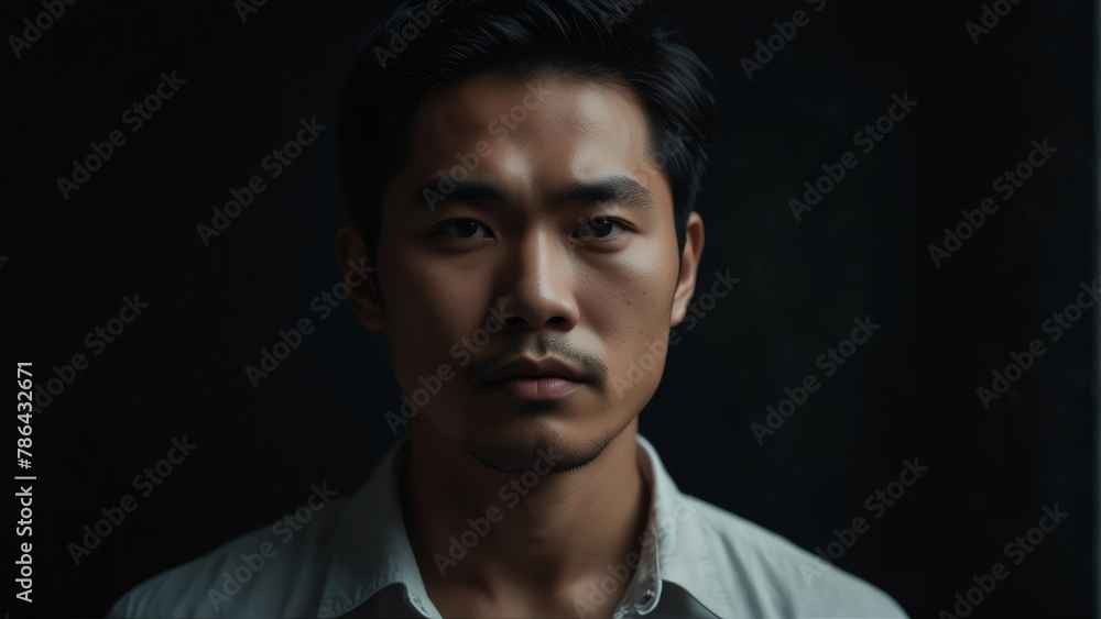 handsome asian man looking at camera serious on dark plain black background from Generative AI handsome asian man looking at camera serious on dark plain black background from Generative AI