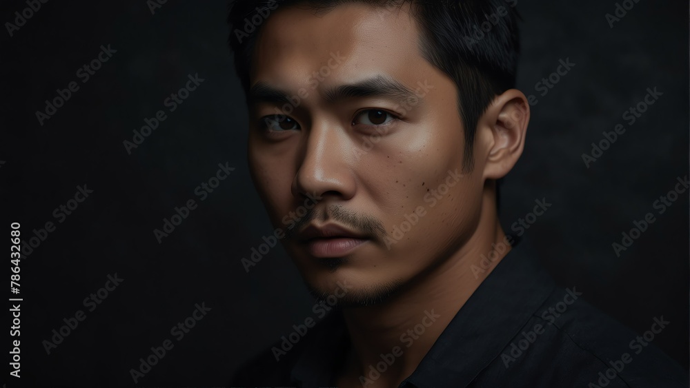 handsome asian man looking at camera serious on dark plain black background from Generative AI handsome asian man looking at camera serious on dark plain black background from Generative AI