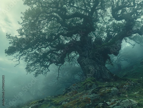 A mystical forest shrouded in mist, with ancient trees looming tall and mysterious enchanted wilderness Soft, filtered lighting pierces through the fog, illuminating the otherworldly landscape