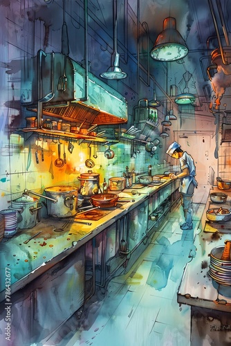 Illustrate a suspenseful scene in a dimly lit restaurant kitchen using watercolor