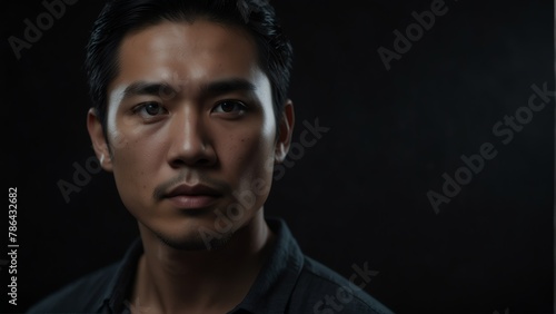 handsome asian man looking at camera serious on dark plain black background from Generative AI © Arceli