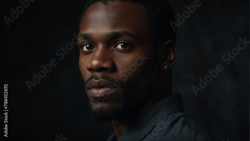 handsome black african man looking at camera serious on dark plain black background from Generative AI