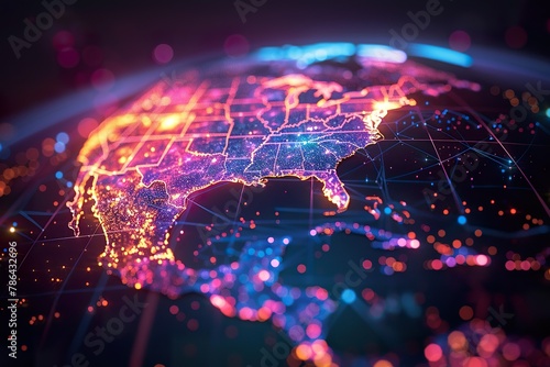 Abstract globe focusing on North America illustration. neon color photo