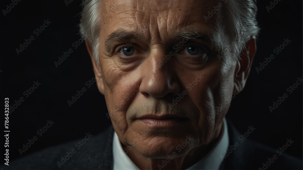 handsome elder man looking at camera serious on dark plain black background from Generative AI handsome elder man looking at camera serious on dark plain black background from Generative AI