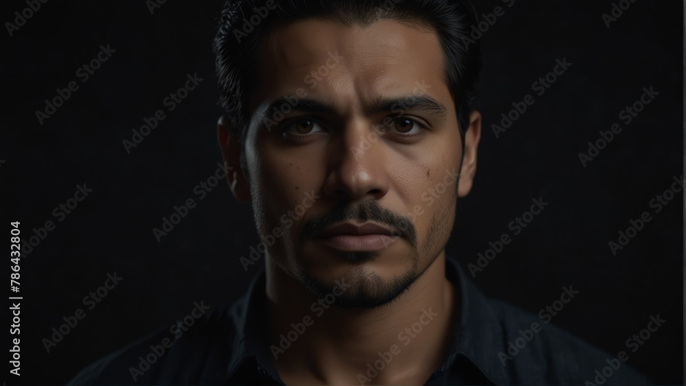 Fototapeta premium handsome hispanic man looking at camera serious on dark plain black background from Generative AI