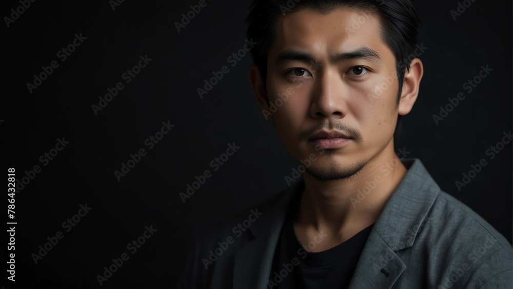 handsome japanese man looking at camera serious on dark plain black background from Generative AI handsome japanese man looking at camera serious on dark plain black background from Generative AI