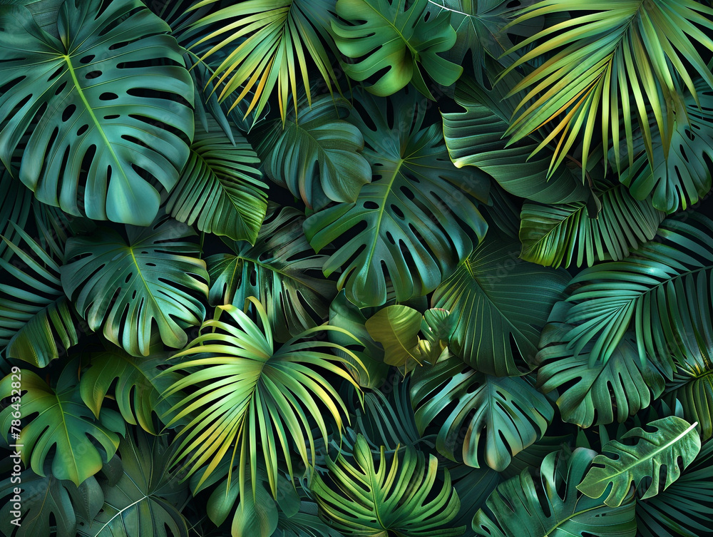 A lush tropical jungle background with various green palm leaves and monstera plants, creating an exotic and textured pattern on a black backdrop. A lush tropical jungle background with various green palm leaves and monstera plants, creating an exotic and textured pattern on a black backdrop.
