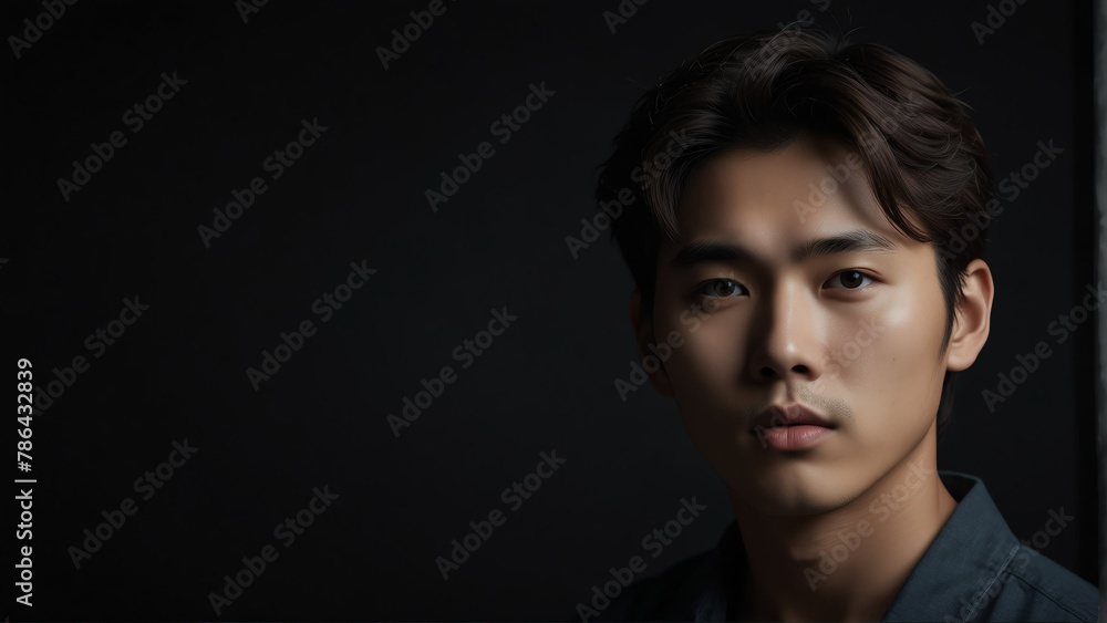 handsome korean idol looking at camera serious on dark plain black background from Generative AI